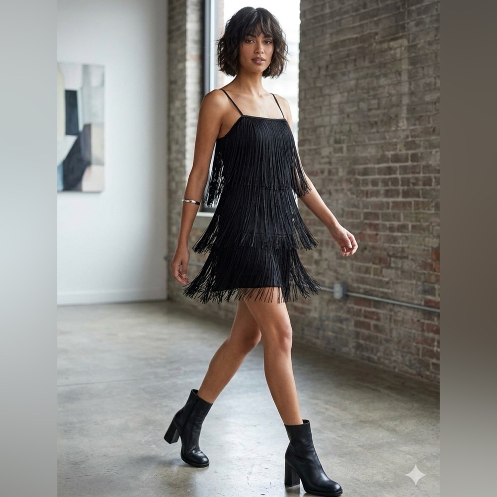NWT Fringe Tier Black Mini Dress Coachella Festival size Medium